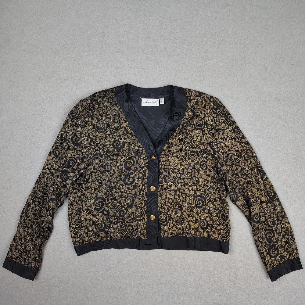Vintage Adriana Papell 100% Silk Shirt Size 12‎ Black Gold Long Sleeve Artsy